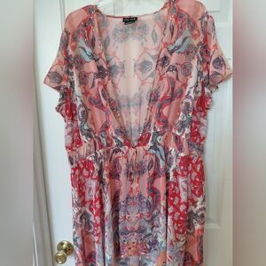 City Chic Pink Paisley Sheer Tie-Front Tunic